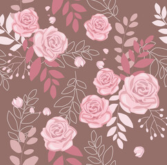 Print. Print. Vector seamless background with roses. Botanical pattern. Delicate flowers. Invitation, paper, fabric.	