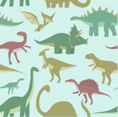 Print. Vector seamless background with dinosaurs. Cartoon dinosaurs. Pattern with cartoon dinosaurs. Children's fabric. Wallpaper for boys.