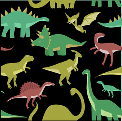 Print. Print. Seamless black background with dinosaurs. Cartoon dinosaurs. Pattern with cartoon dinosaurs. Children's fabric. Wallpaper for boys.	