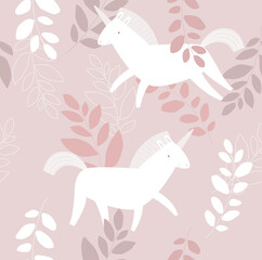 Print. Vector seamless background with white unicorns. Unicorns in the foliage. Pink flower pattern. Fabric, paper, wallpaper.