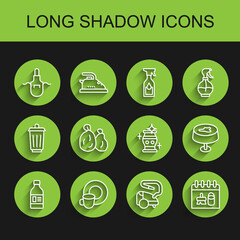 Set line Bottle for cleaning agent, Washing dishes, Kitchen apron, Vacuum cleaner, Cleaning calendar, Garbage bag, Stain the tablecloth and vase icon. Vector