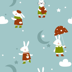 Print. Vector seamless background with cute rabbits. Rabbits in the sky. Cartoon hares. Bunny with a book, Bunny with an umbrella. Fabric, paper, wallpaper.