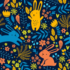 Print. Vector seamless pattern with rabbits and plants. Сute background for kids. Cartoon bunnies in the garden. Fabric, wallpaper, paper
