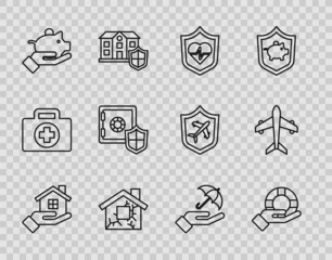 Set line House in hand, Lifebuoy, insurance with shield, Piggy bank, Safe, Umbrella and Plane icon. Vector