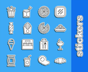 Fototapeta premium Set line Croissant, Ice cream in bowl, Asian noodles, Pizza, Potatoes french fries box, Candy, Chicken leg package and icon. Vector