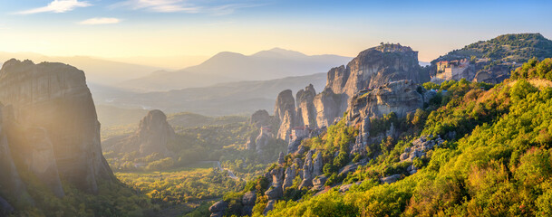Majestic view of famous Eastern Orthodox monasteries at sunset, place listed as a World Heritage site, Greece, Europe. landscape place of monasteries on the rock.
