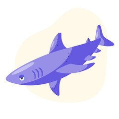 Cute purple shark on a yellow background. Flat cartoon vector illustration.