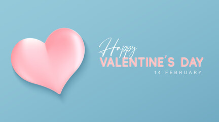Valentine's day banner template with realistic pink heart shape vector on blue background. Cute love greeting card design with space for your text. Vector illustration