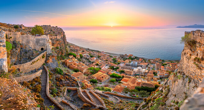 picturesque parorama old medieval castle town of Monemvasia in Lakonia at sunrise, Peloponnese, Greece. "Greek Gibraltar"