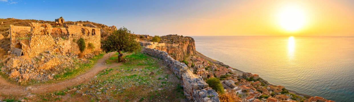 picturesque parorama old medieval castle town of Monemvasia in Lakonia at sunrise, Peloponnese, Greece. "Greek Gibraltar"