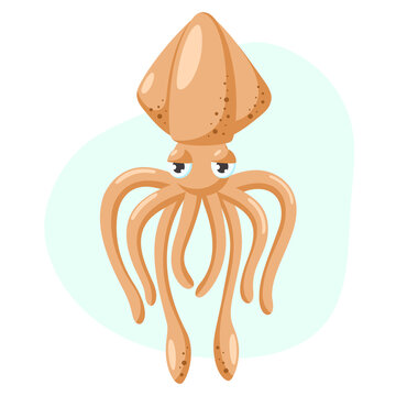 Cute orange squid on a blue background. Flat cartoon vector illustration.