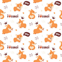 Corgi seamless pattern. Cute and happy welsh corgi puppies and hand drawing letterings. Funny dog characters. Vector background.