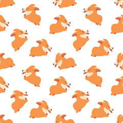 Corgi seamless pattern. Cute and happy running welsh corgi puppies. Funny dog character. Vector background.