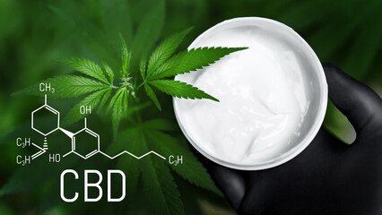 CBD Cannabis Creams for Pain. Cosmetic cream for skin care from hemp. CBD Chemical Formula. Cannabidiol molecular structural chemical formula. Natural cosmetics