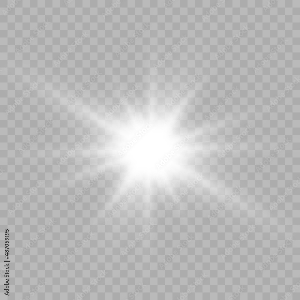 Poster White beautiful light explodes with a transparent explosion. Vector, bright illustration for perfect effect with sparkles. Bright Star. Transparent shine of the gloss gradient, bright flash.
