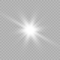 White beautiful light explodes with a transparent explosion. Vector, bright illustration for perfect effect with sparkles. Bright Star. Transparent shine of the gloss gradient, bright flash.