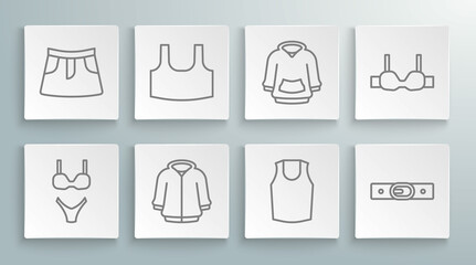 Fototapeta na wymiar Set line Swimsuit, Undershirt, Hoodie, Belt, Bra and Skirt icon. Vector