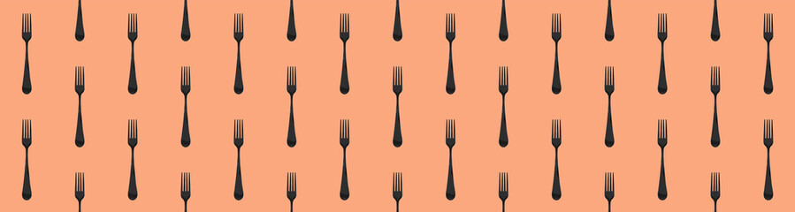 Seamless pattern. Fork top view on pastel red orang background. Template for applying to surface. Flat lay. Banner for insertion into site. 3D image. 3D rendering.