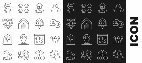 Set line Time is money, Real estate, Price negotiation, Realtor, Garage, House with shield, dollar and Location key icon. Vector
