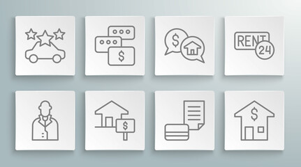 Set line Realtor, Price negotiation, House with dollar, Credit card, Rent and Car sharing icon. Vector