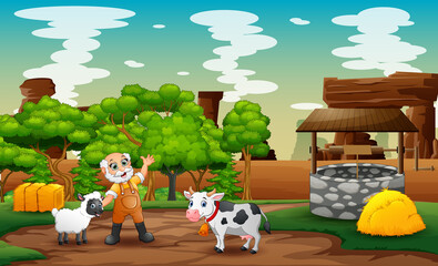 Happy old farmer with animals in the farm