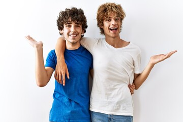 Young gay couple standing together over isolated background smiling cheerful presenting and pointing with palm of hand looking at the camera.