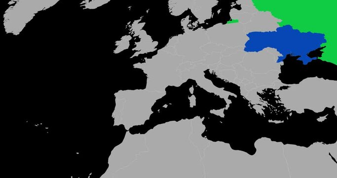 Europe Map with Ukraine and Russia in green and blue for Chroma Key. War in Ukraine backdrop footage