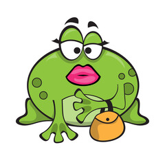 Frog woman with kiss mouth, pink lips and funny eyebrows on isolated white background. Comic female frog with a bag in her hand