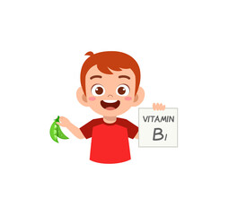 cute little boy holding fruit and vitamin card