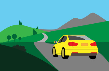 yellow car on the road and summer scene