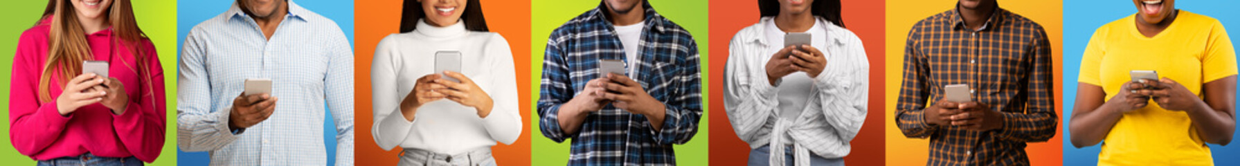 Fototapeta premium Millennial european and african american people chatting on phones, surfing in internet on colorful background