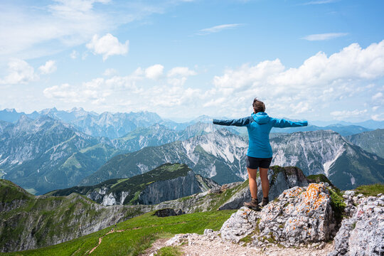 Hikers are on tour at Karwendel Rofan Mountains at Achensee in Austria