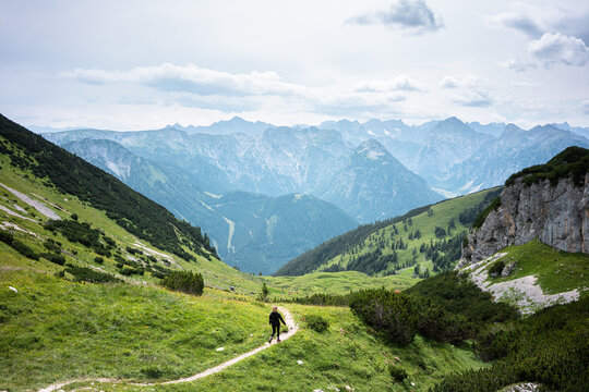 Hikers are on tour at Karwendel Rofan Mountains at Achensee in Austria