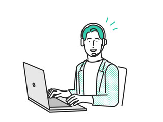 ヘッドセットを装着してPCを操作するビジネスパーソンのイメージイラスト素材