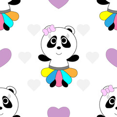 childish seamless pattern with cartoon pandas and hearts