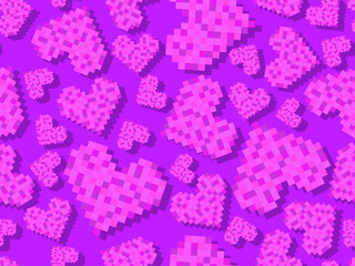 Happy Valentine's Day pixel art hearts seamless pattern. 8-bit hearts with stroke. Retro 8-bit video game. Design for greeting card, holiday background and banner. Vector illustration