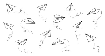 Paper airplane vector icon. Doodle outline style paper airplane. Simple origami aircraft element. Drawing doodle vector illustration.