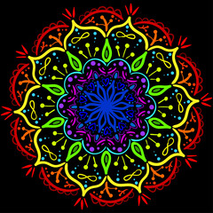 Hand-drawn Mandala pattern in rainbow neon color