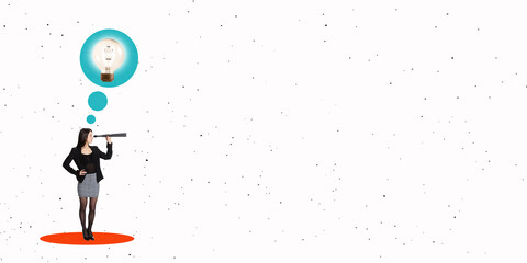 Creative design. Contemporary art collage with businesswoman, employee watching in telescope and...