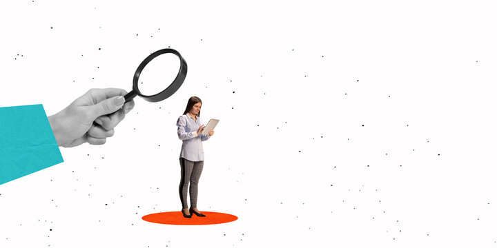 Creative design. Contemporary art collage. Woman lookin g for a new job, searching vacant position