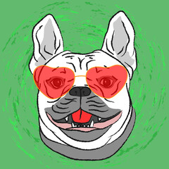 A french bulldog with a funny face in glasses in the form of hearts looks at you with his tongue hanging out. Great design for any purpose.
