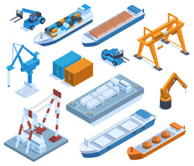 Isometric seaport elements, cargo ships, barges and containers. Marine port ships, cranes and shipping containers vector illustration set. Water transportation and logistic - obrazy, fototapety, plakaty
