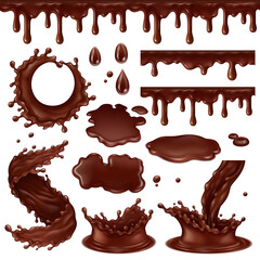 Realistic chocolate elements, hot cocoa drops, swirls and splashes. Dripping chocolate frosting sauce vector illustration set. Liquid chocolate dessert splashes