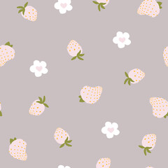 Hand drawn cute doodle strawberries pastel grey seamless  pattern. White berry paper line flowers food textiles for kitchen, children. Minimalism paper scrapbook for kids.