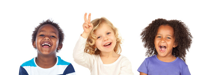 Diverse group of children doing hand gestures and laughing