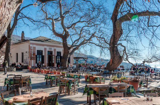 Makrinitsa Greece -Traditional village of Makrinitsa with the stone built houses and the picturesque square, lies on the slopes of Pelion.