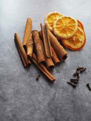 cinnamon sticks and dried orange, spicy set for mulled wine