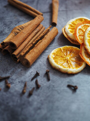 cinnamon sticks and dried orange, spicy set for mulled wine