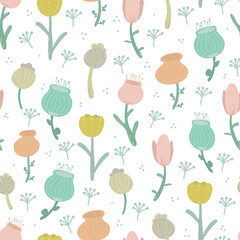 Floral pattern. Pretty flowers on white background. Printing with flowers and leaves. Ditsy print. Seamless vector texture. Spring bouquet.