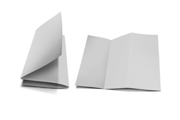 Leaflet blank trifold paper brochure mockup isolated on white background. Z fold brochure mockup template. 3d rendering.